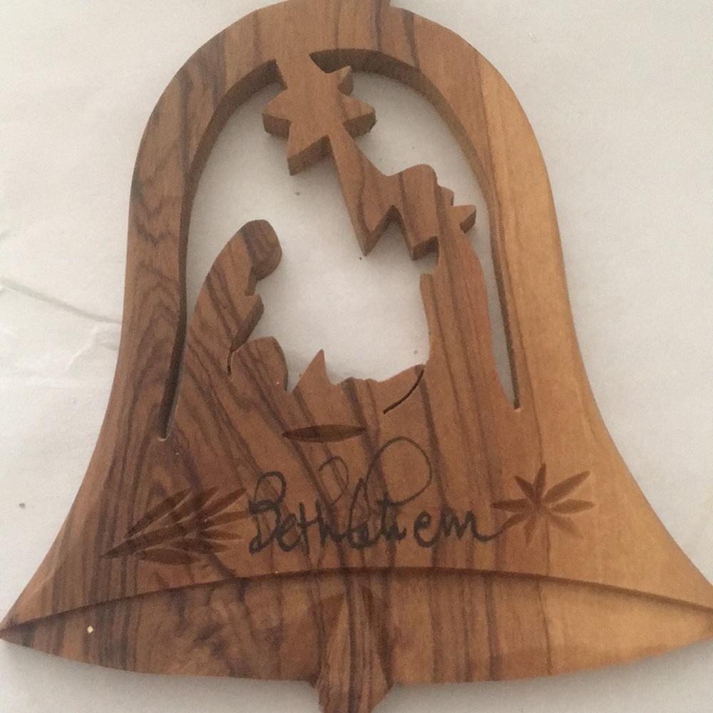 Bethlehem Nativity Scene Christmas Bell Wooden Hanging Ornament 3”
